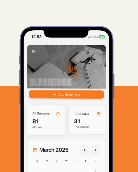 Slushbook dashboard showing snow day calendar and session stats